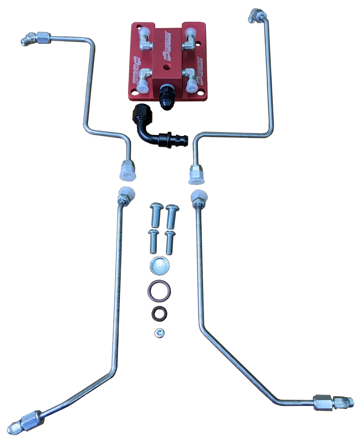 94.5-03 Ford Powerstroke 7.3L Competition Fuel Line Kit Red Fuel Block CNC Fabrication
