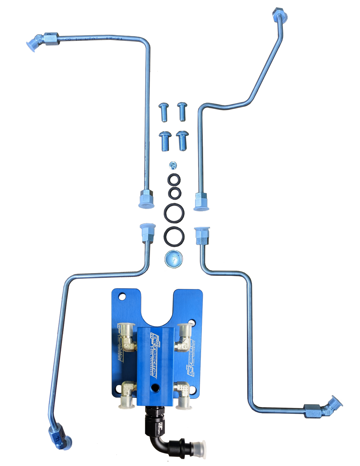 Late 99-03 Ford Powerstroke 7.3L 4 Line Feed Fuel Line Kit Blue Fuel Block CNC Fabrication
