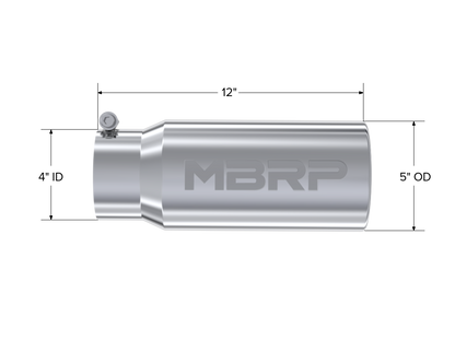 Exhaust Tail Pipe Tip 5 Inch O.D. Rolled Straight 4 Inch Inlet 12 Inch Length T304 Stainless Steel MBRP