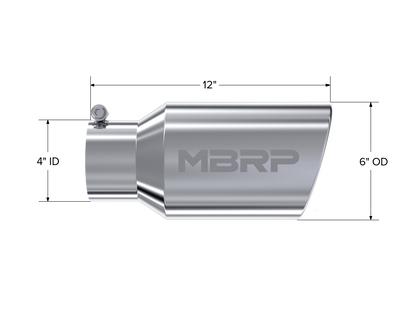 Exhaust Tail Pipe Tip 6 Inch O.D. Angled Rolled End 4 Inch Inlet 12 Inch Length T304 Stainless Steel MBRP