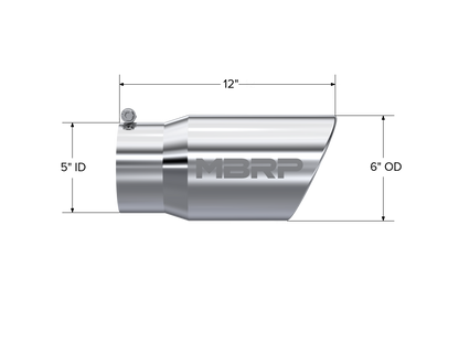 Exhaust Tail Pipe Tip 6 Inch O.D. Angled Rolled End 5 Inch Inlet 12 Inch Length T304 Stainless Steel MBRP