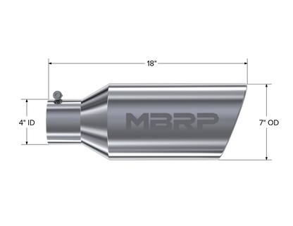 Exhaust Tail Pipe Tip 7 Inch O.D. Rolled End 4 Inch Inlet 18 Inch Length T304 Stainless Steel MBRP